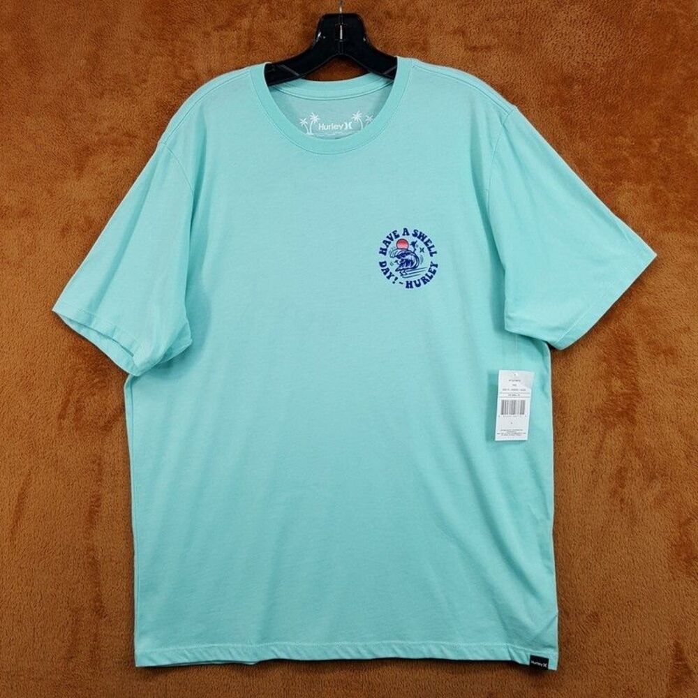 HURLEY Shirt Mens Large Aqua Green Blue Graphic Everyday Swell Logo T-Shirt Tee